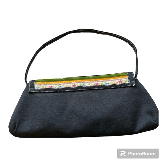 Retro 60's style Black Shoulder Bag With Multicolored Fabric Tapestry Accents - Picture 9 of 11